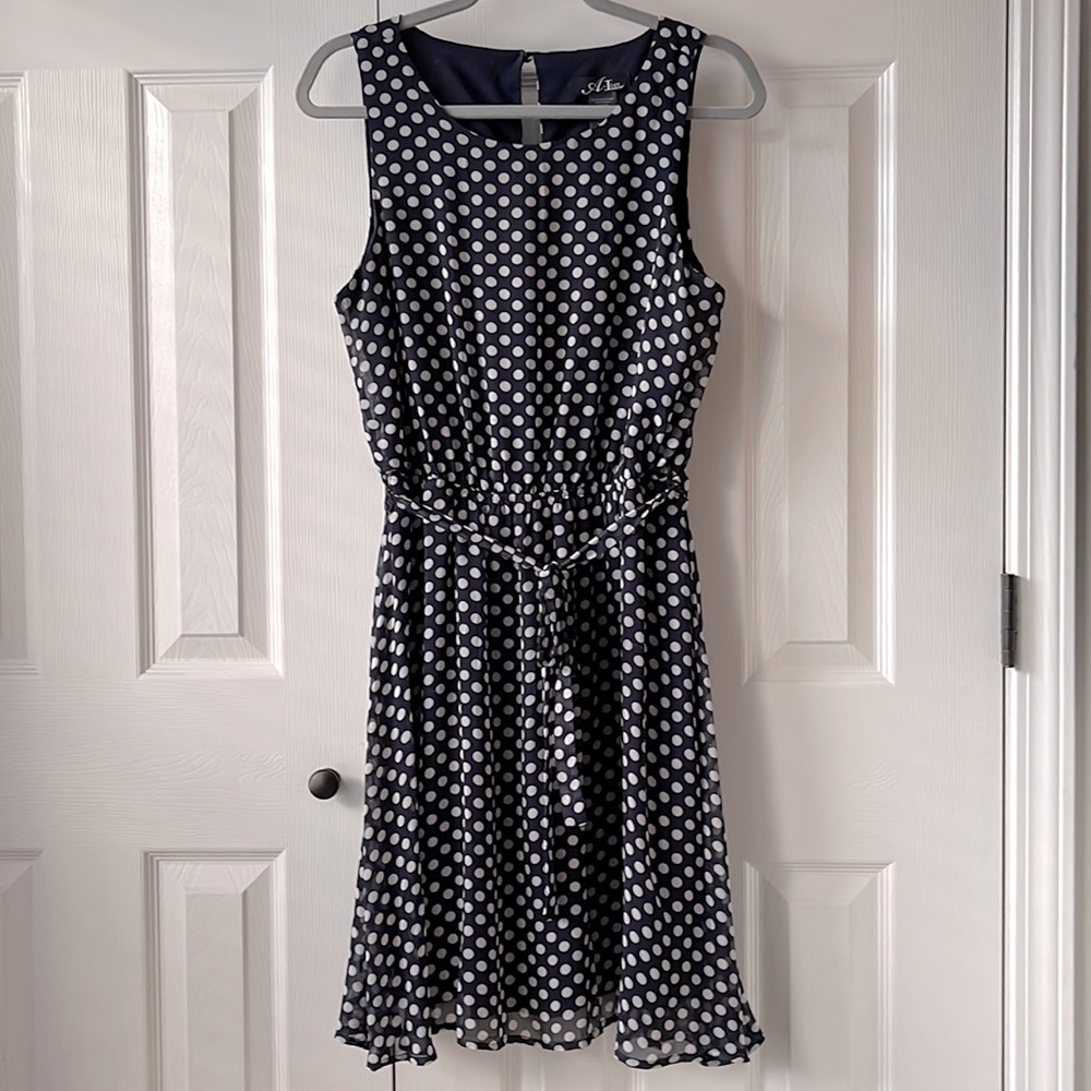 S.L. Fashions Navy Polka Dot Sleeveless Dress